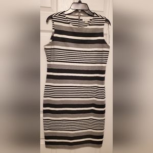 Calvin Klein Striped Sleeveless Ponte Sheath Dress Sz 12 Zip Black White Women's